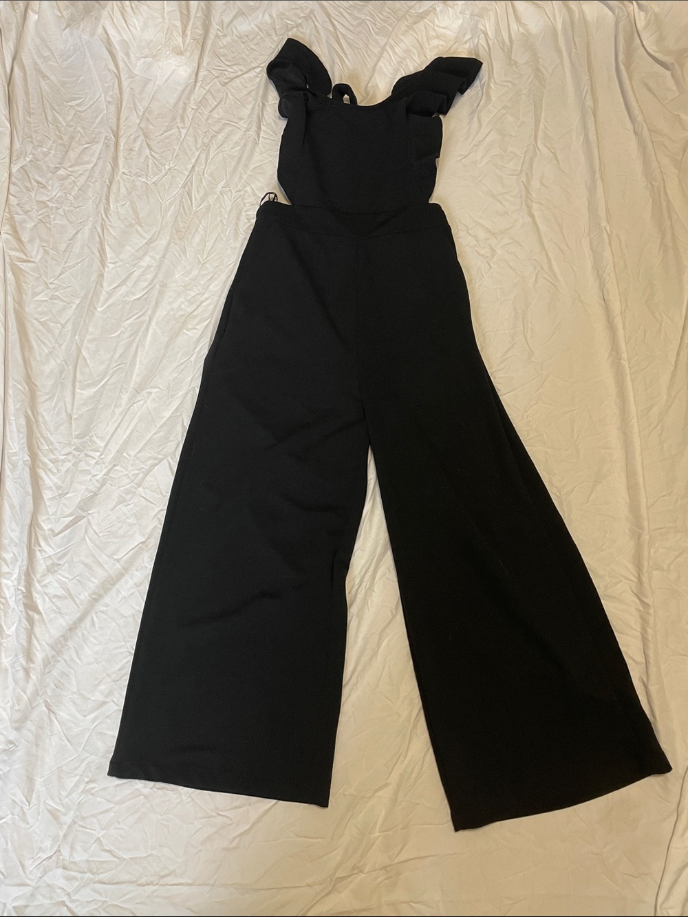 Black Wide-Leg Open Back Jumpsuit with Ruffle Straps